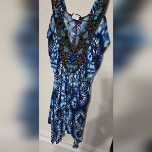Blue Tie-Dye Blouse Beaded Neckline  0029